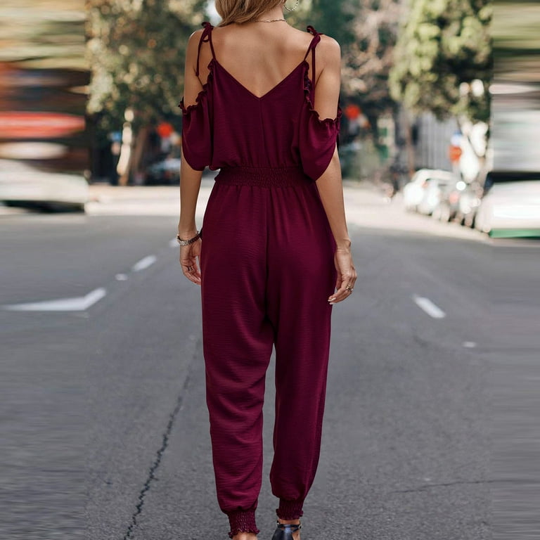 Jumpsuit for Women Elegant Wedding Sexy V Neck Jumpsuits Party Petite Cold  Shoulder Rompers Spring Summer Overalls Clubwear Elasticated Waist Short  Sleeve Jumpsuit with Pocket 