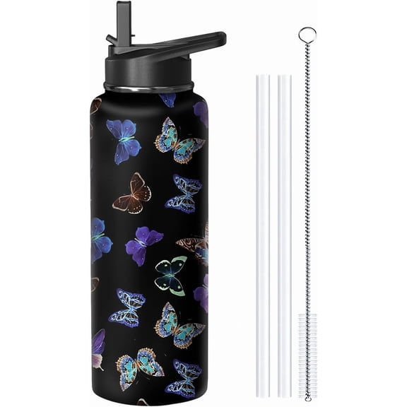40oz Butterfly Water Bottle with Handle and Flip Straw, Animal Sports Stainless Steel Insulated Cup Travel Coffee Mug Tumbler, Birthday Mothers Day Chritmas Gifts for Women