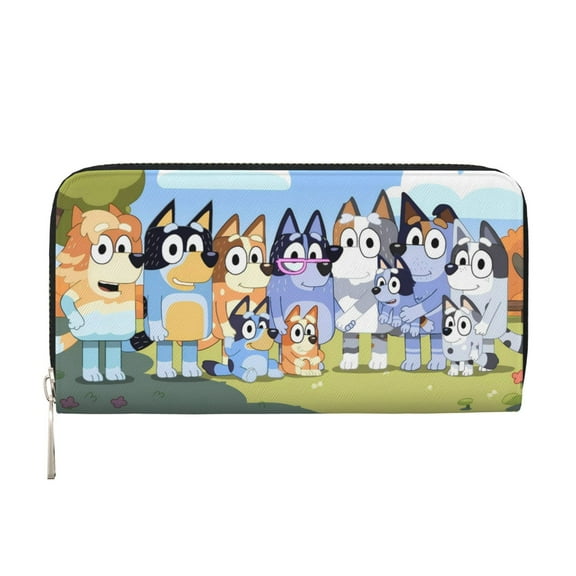 Kowoue Bluey Pattern Genuine Leather Long Wallet Card holder Wallet with Coin Pocket Wristlet Clutch Wallet Purse