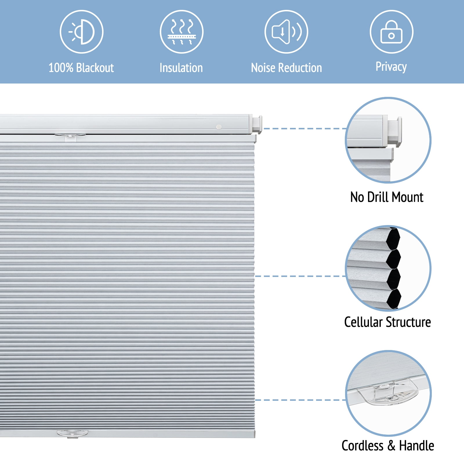 Keego New Upgraded No Drill Cellular Shades Top Down Bottom Up Honeycomb Blinds Cordless Window Blinds Easy to Install Cellular Shade for Windows, Blackout - Gray, 29"W x 64"H