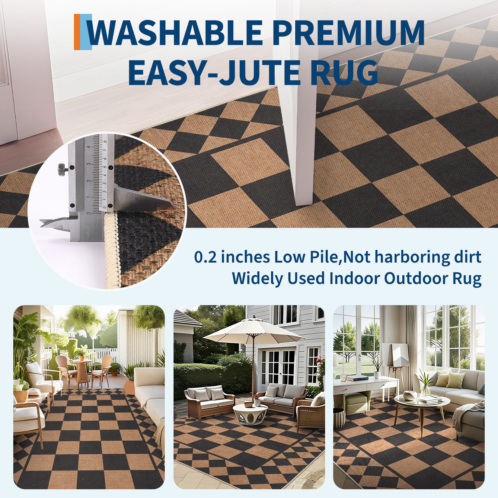 Hasoo Easy Jute Area Rug 5x7 Washable Rug for Living Room Bedroom Checkered Indoor Outdoor Geometric Carpet for Backyard, Black/Brown
