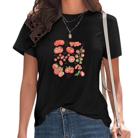 Black Tomato Harvest Print T-Shirt Women's Casual Loose Fit Short Sleeve Summer Vegetable Aesthetic Graphic Tee Tops S-5XL