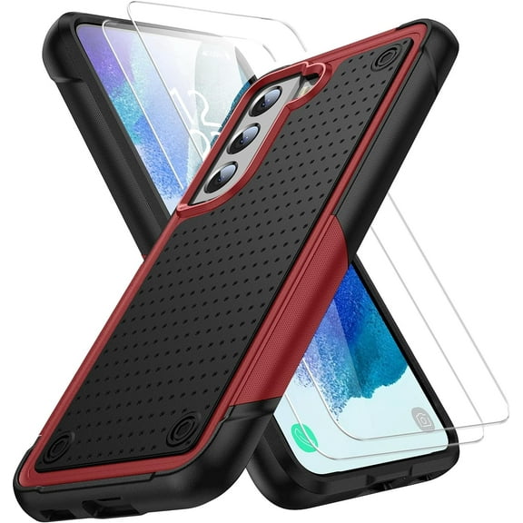 for Samsung Galaxy S22 Case, S22 Case with Self Healing Flexible TPU Screen Protector[2 Pack], Military Grade Dual-Layer Heavy Duty Case for Galaxy S22 5G-Red and Black