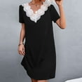 thumbnail image 3 of Bigersell Prom Dresses Fashion Women Summer Short Sleeve Solid V-Neck Lace Patchwork Dress Bodycon Dresses for Female Women Boho Dresses, Style 20985, Black L, 3 of 7