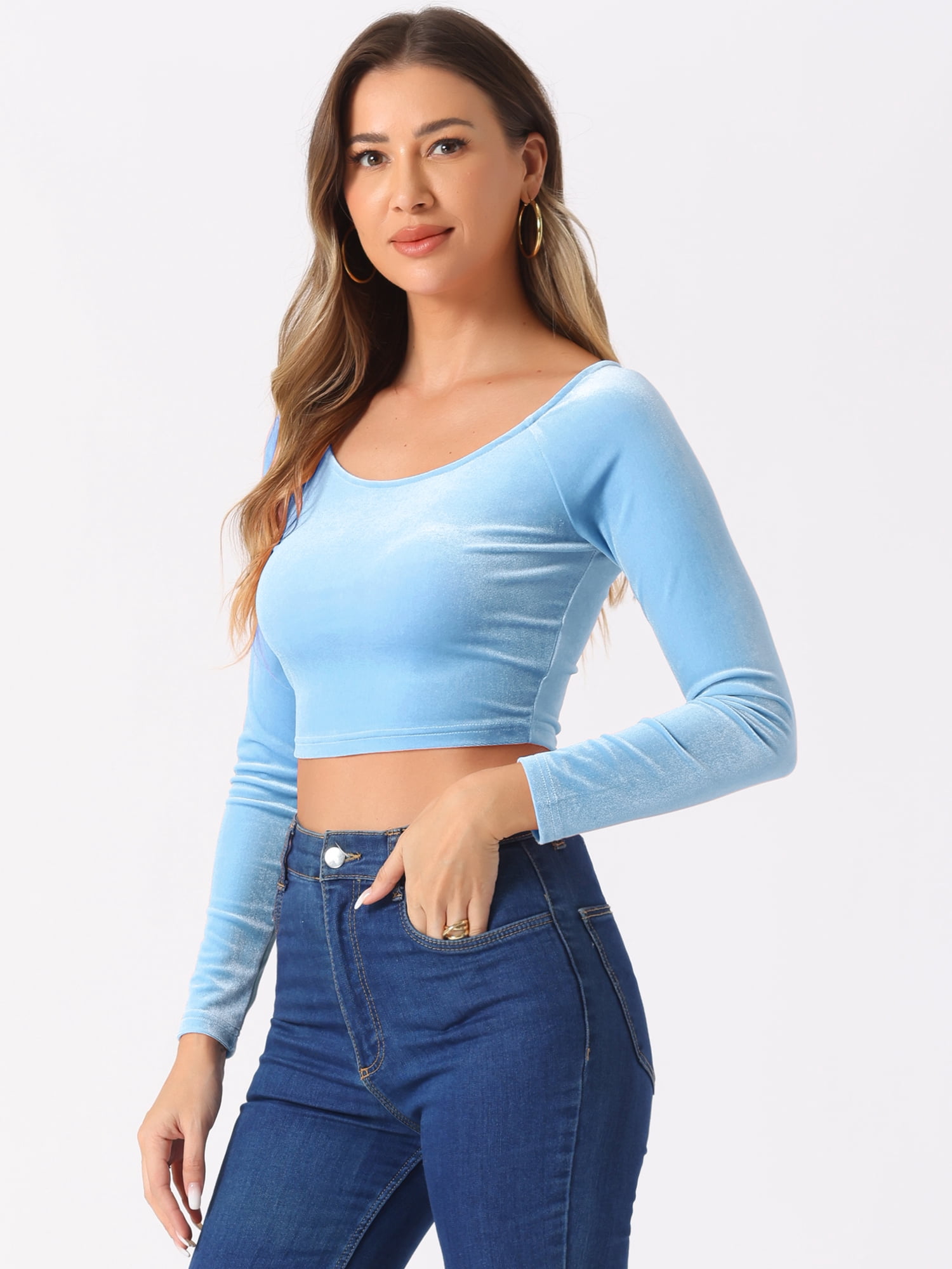 DARING DIVA Women's Velvet Long Sleeve Scoop Neck Solid Crop Top S Light Blue