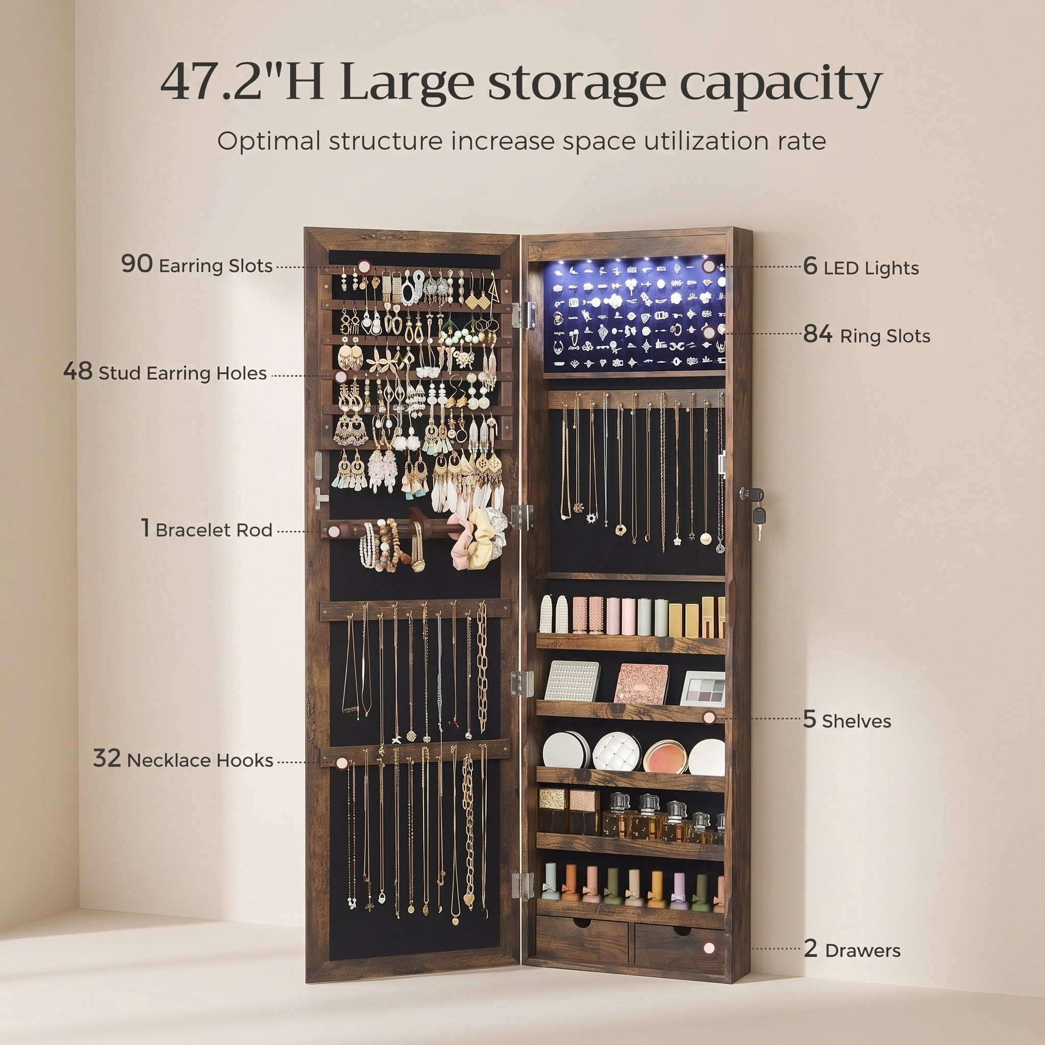 47 in. H x 14.6 in. W Rustic Brown Wall or Door Mounted Jewelry Cabinet with Full-Length Mirror, 6 LEDs and Lockable Door
