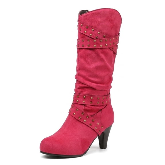 SACFOF Womens Cowboy Cowgirl Boots Wide Mid Calf Square Toe Riding Boots Block Chunky Heel Low Heel Distressed Studded Boots