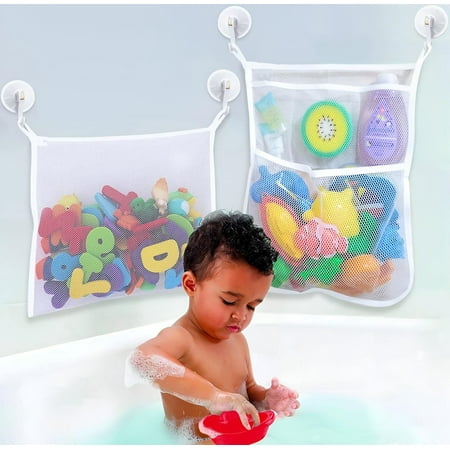 2-Pack Large Bath Toy Organizers with 6 Suction Cups & 4 Hooks - Versatile Bathtub Toy Holder Basket, Kids Bath Toy Net & Mesh Bath Toy Storage Bag - Shower Caddy Hanging Bin for Baby Bathroom