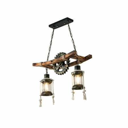 

Oukaning Retro Wood Industrial Pendant Light Bar Hanging 2 Heads Ceiling Lamp Rustic E2