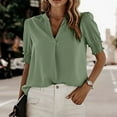 thumbnail image 2 of Camiseta con cuello en V para mujer, manga corta plisada, ajuste holgado, Color puro, blusas informales de verano, 2 of 5