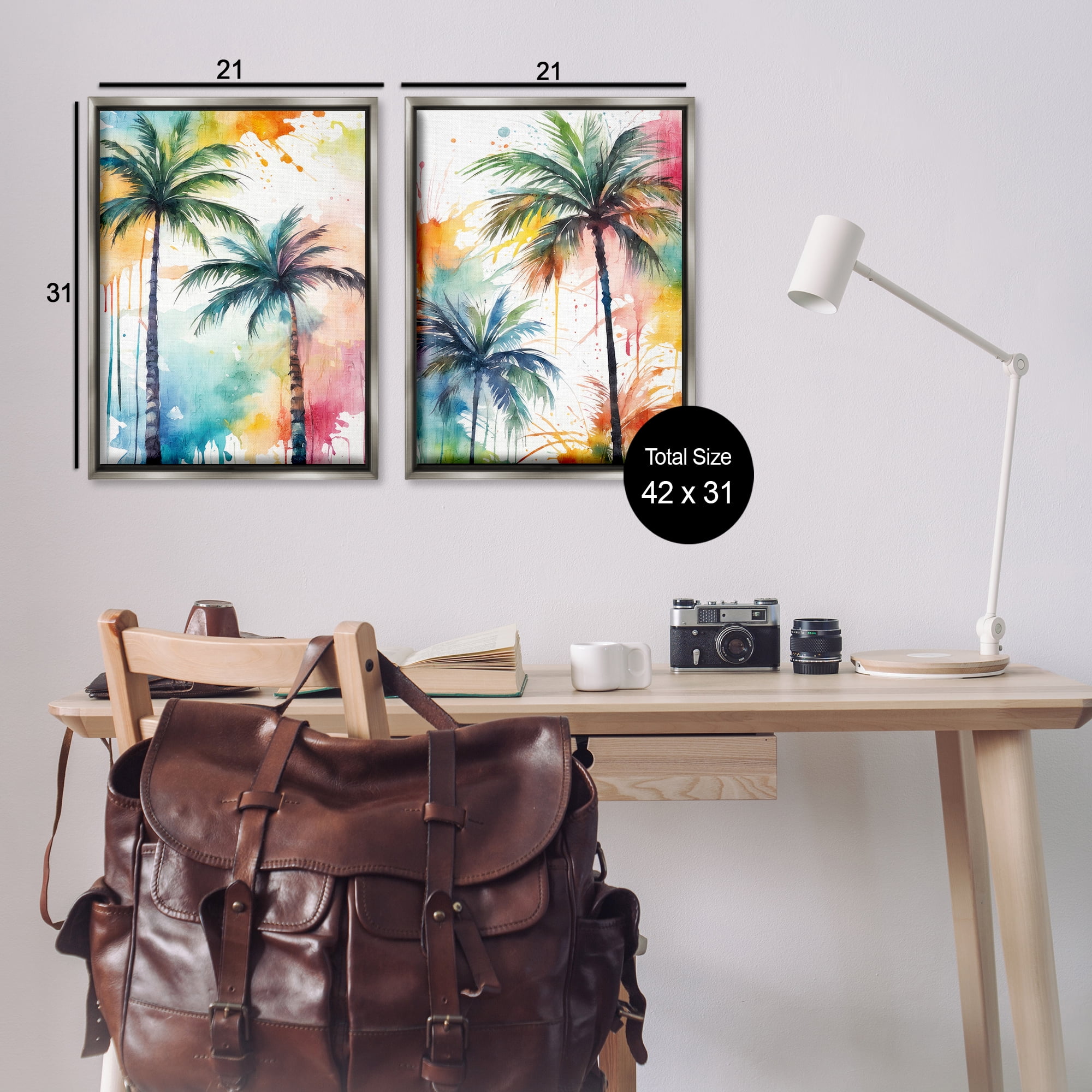 Stupell Industries Watercolor Splash Towering Palms Plants & Flowers Painting Gray Floater Framed Canvas Art Print Wall Art, 21 x 31, Set of 2