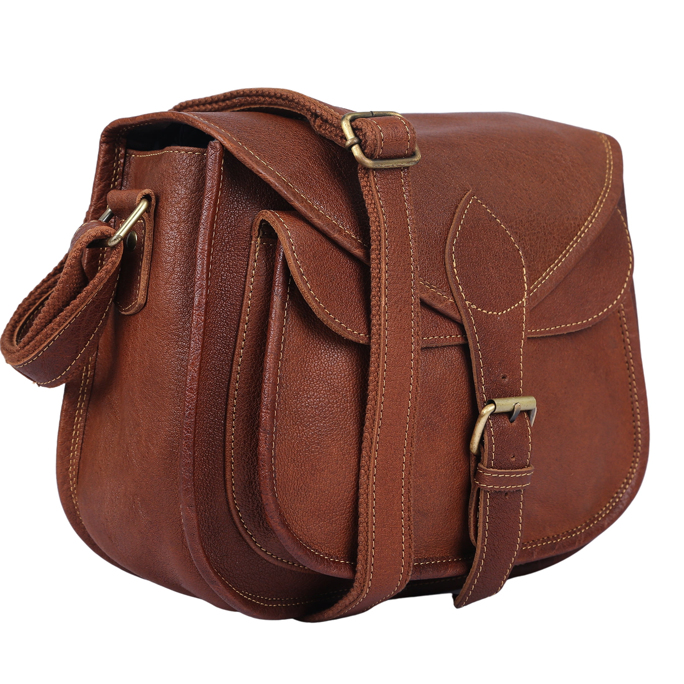 12-Inch Full-Grain Leather Crossbody Tote Bag for Women, Vintage Shoulder Purse with Multiple Pockets