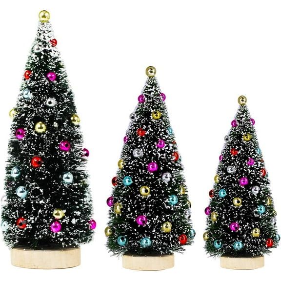 3 Pack Artificial Mini Tabletop Christmas Trees Tiny Frosted Bottle Brush Trees Decorated Small Sisal Trees with White Snow and Colorful Beads Winter Holiday Miniature Décor Assorted Sizes