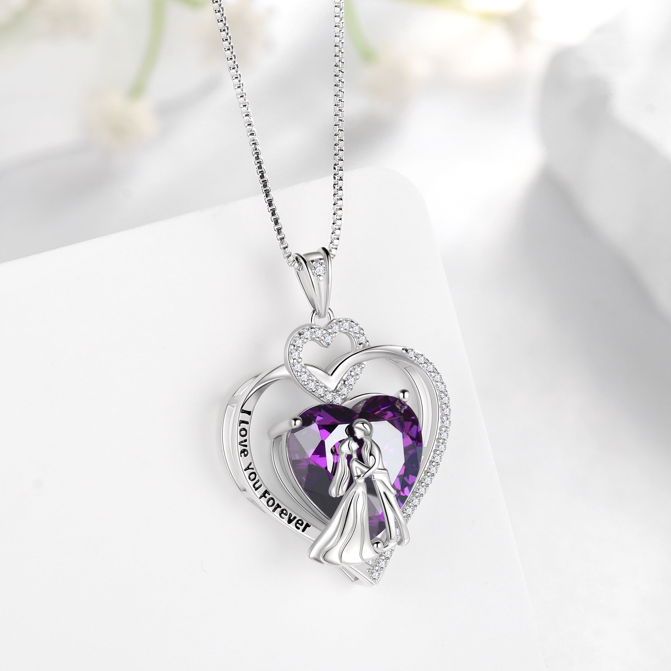 Juwaliy Couple Necklace for Women 925 Sterling Silver Heart February Birthstone Pendant Love Wedding Engagement Jewelry Valentine's Day Gift for Her Wife Girlfriend Bride