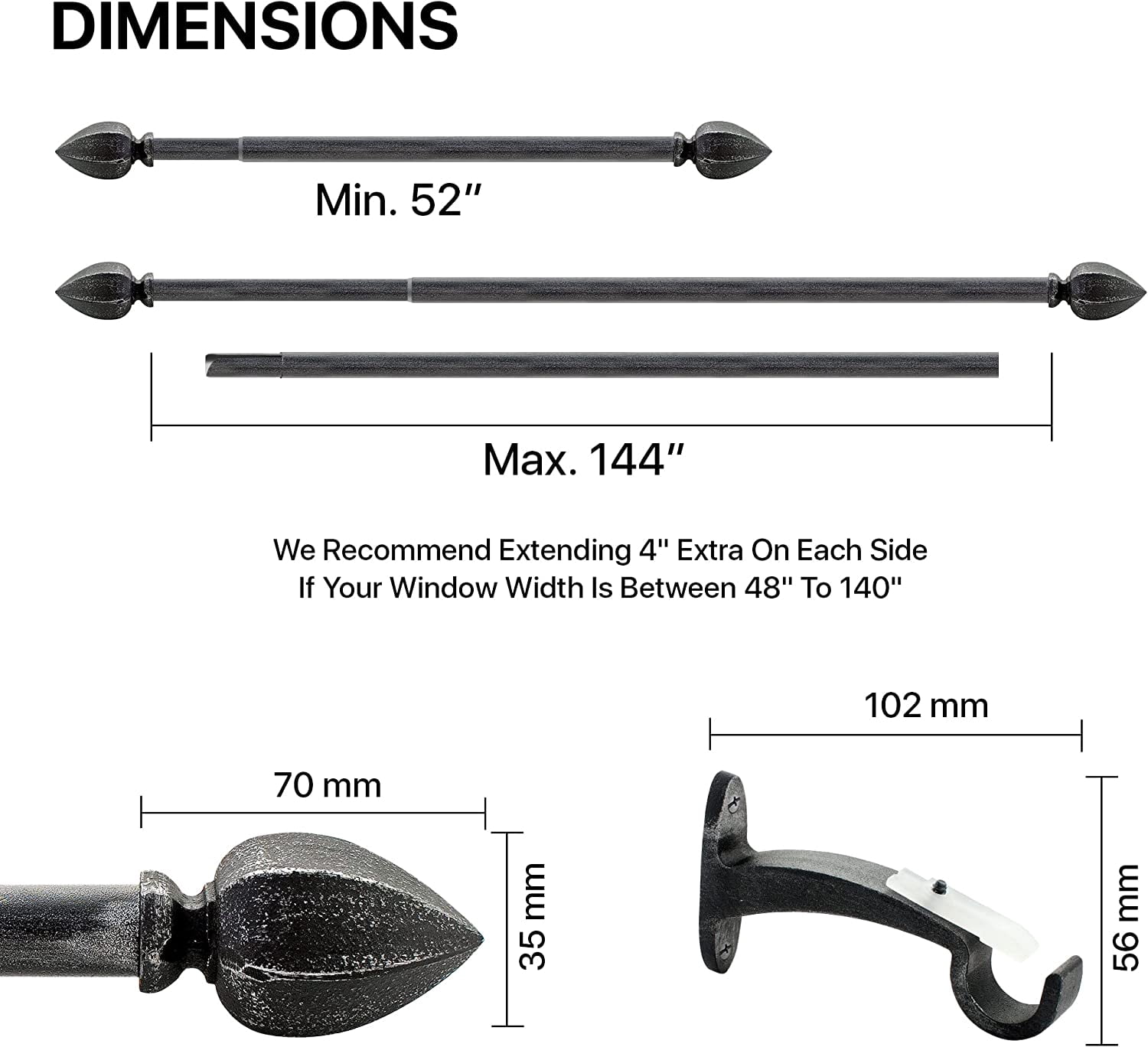 Deco Window 52 to 144 inches Extendable Curtain Rod for Windows with Hexagon Cast Finials (3/4" Dia, Rustic Black)