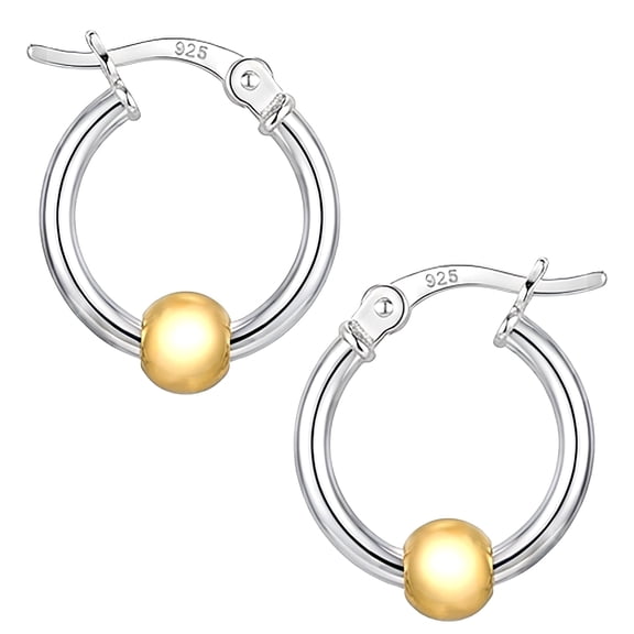 18mm Minimalist Hoop Earrings Sterling Silver Two Tone Small Hoops Gold Bead