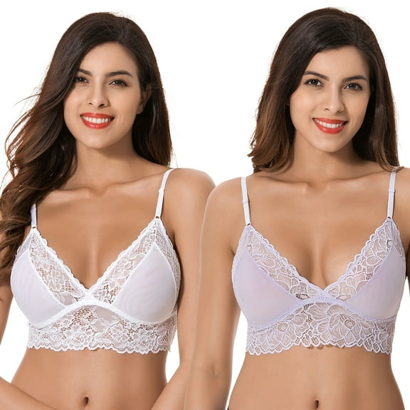 Curve Muse Plus Size Plunge Unlined Bralette with Floral Lace-2 Pack-LAVENDER,WHITE-S