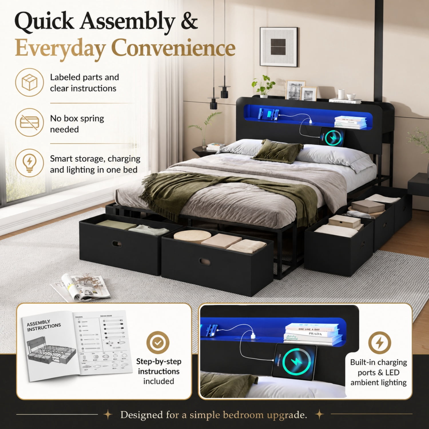 Miniyam Queen Platform Bed Frame with 8 Storage Drawers, LED Lights, Bookshelf Headboard and Charging Station, Black