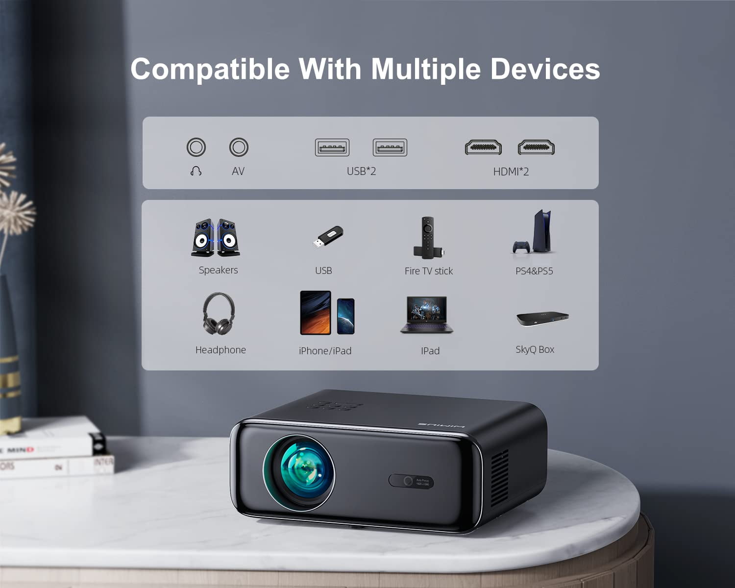 Electric Focus Mini Projector with 5GWiFi and Bluetooth, WIMIUS 1080P  Outdoor Projector, Portable Movie Projector, 300