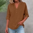 thumbnail image 2 of Notched Henley Neck Two Button Cuffed Three Quarter Sleeve Cotton Linen Top for Women Solid Color Spring Summer Blouse 3XL-5XL Plus Size, 2 of 9