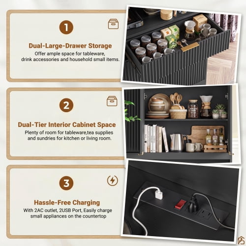 71" Tall Kitchen Pantry Cabinet with Power Outlet and Open Countertop, Modern Multi-Functional Storage Hutch Cabinet for Dining Room, Entryway and Living Room, Black