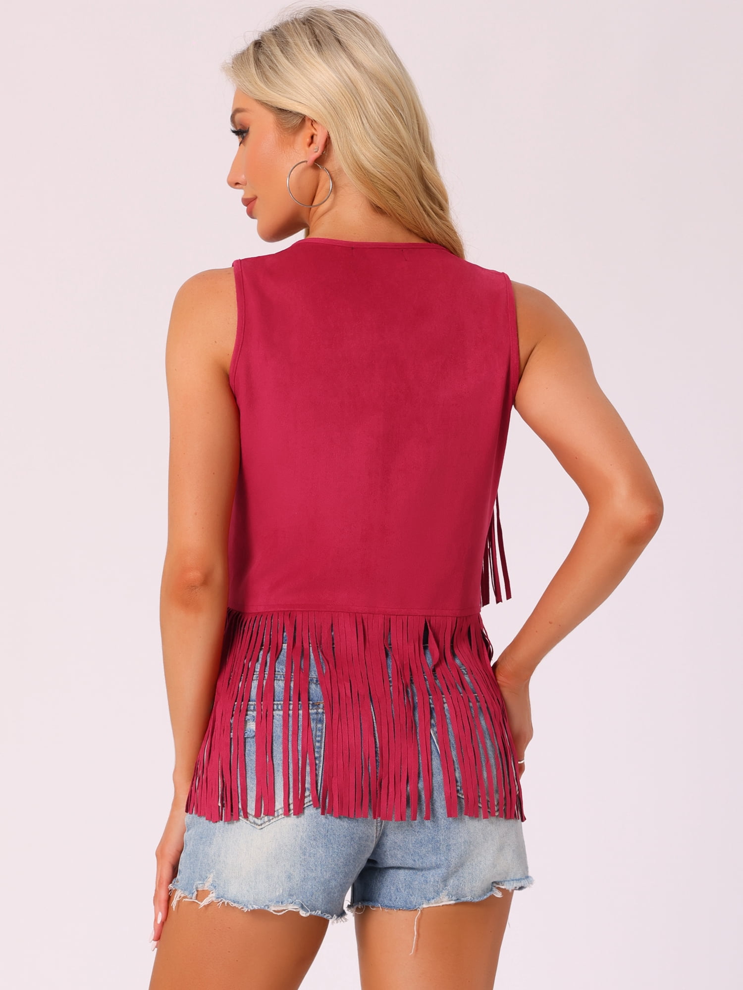 DARING DIVA Women's Fringe Vest Open Front Outfits Faux Suede Tassel Cardigan S Red