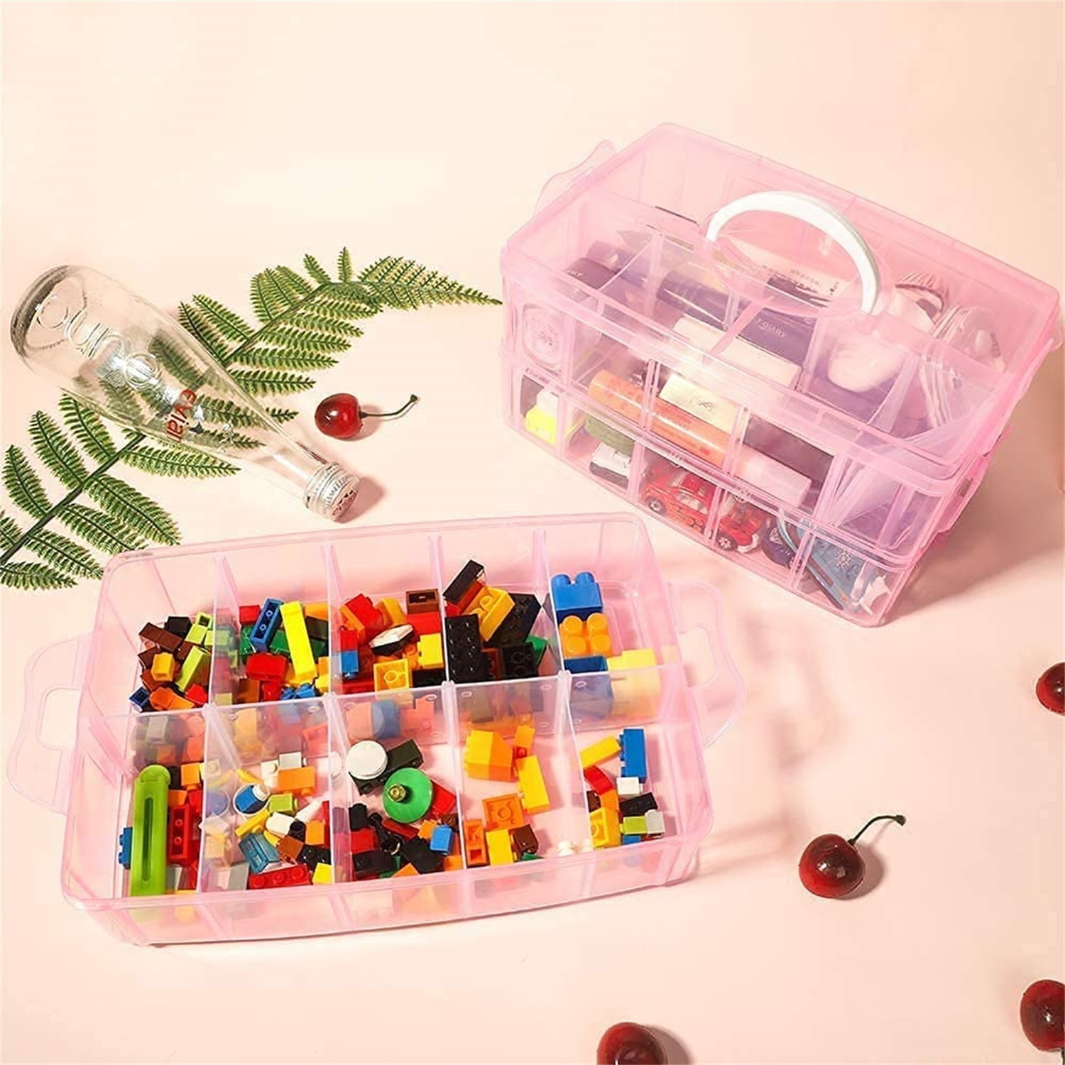 Casewin 3-Tier Transparent Stackable Adjustable Compartment Slot Plastic Craft Storage Box Organizer Snap-Lock Tray Container with 30 Compartment Pink