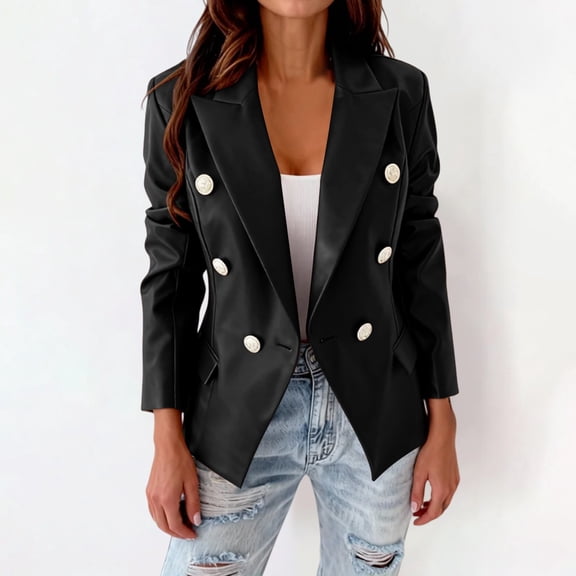 Double Breasted Fancy Buttons Leather Blazer Women Long Sleeve Coat Style Leather Jacket Women
