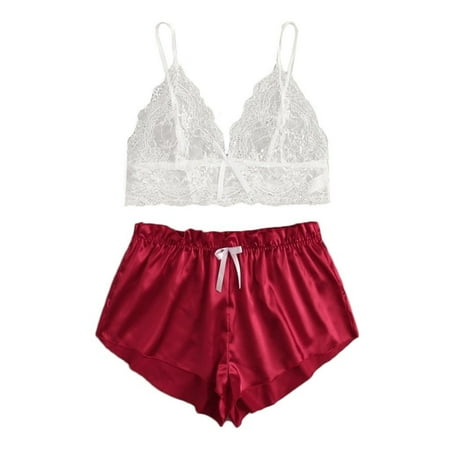 

EHTMSAK Womens Pajamas Set Nightwear Lingerie Lace Sexy Cami Crop Top Shorts 2 Piece Sleepwear Loungewear Pj Set Red XL