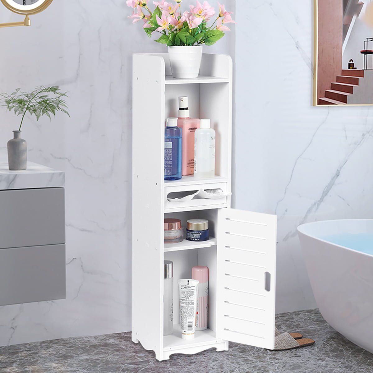 Thin Storage Bathroom Organizer for Paper Shampoo Small Bathroom Corner Floor Cabinet with Doors and Shelves White HOMCOM Toilet Paper Cabinet