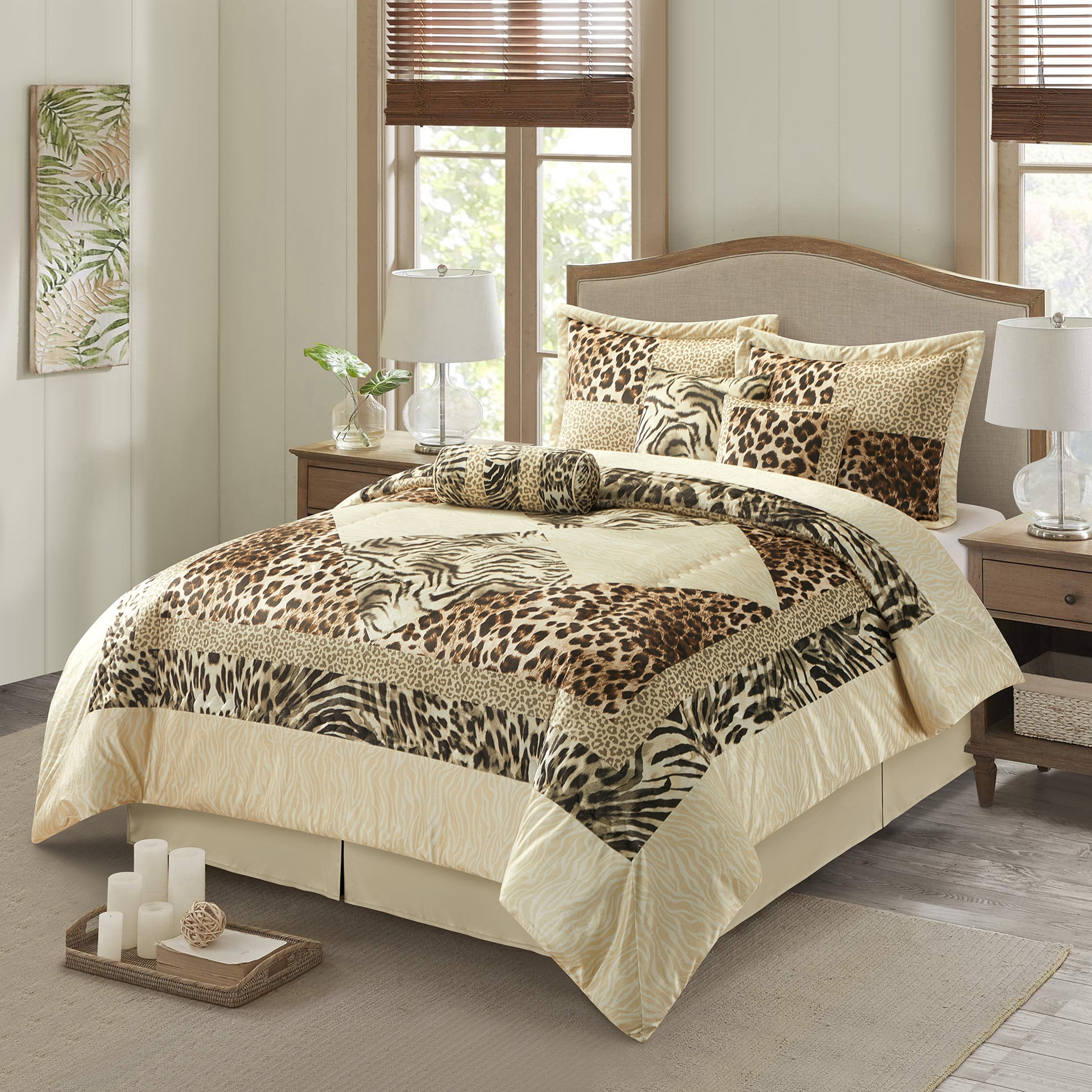 Lanco Leopard Print 7 Pieces Queen Comforter Set, Bed in a Bag, Gold Matching Pillows & Shams, Bed Skirt, Ultra-Soft