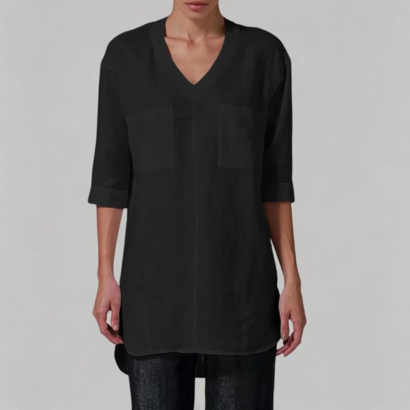 LEKWK Linen Tunic Tops for Women V-Neck Half Sleeve High Low Shirts Lightweight Breathable Casual Shirts with Pockets Fall Vacation Travel Outfits