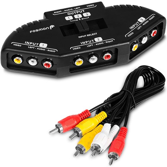Fosmon A1602 Divisor RCA con caja de interruptor RCA de audio y vídeo de 3 vías + cable RCA para conectar 3 dispositivos de salida RCA a su televisor