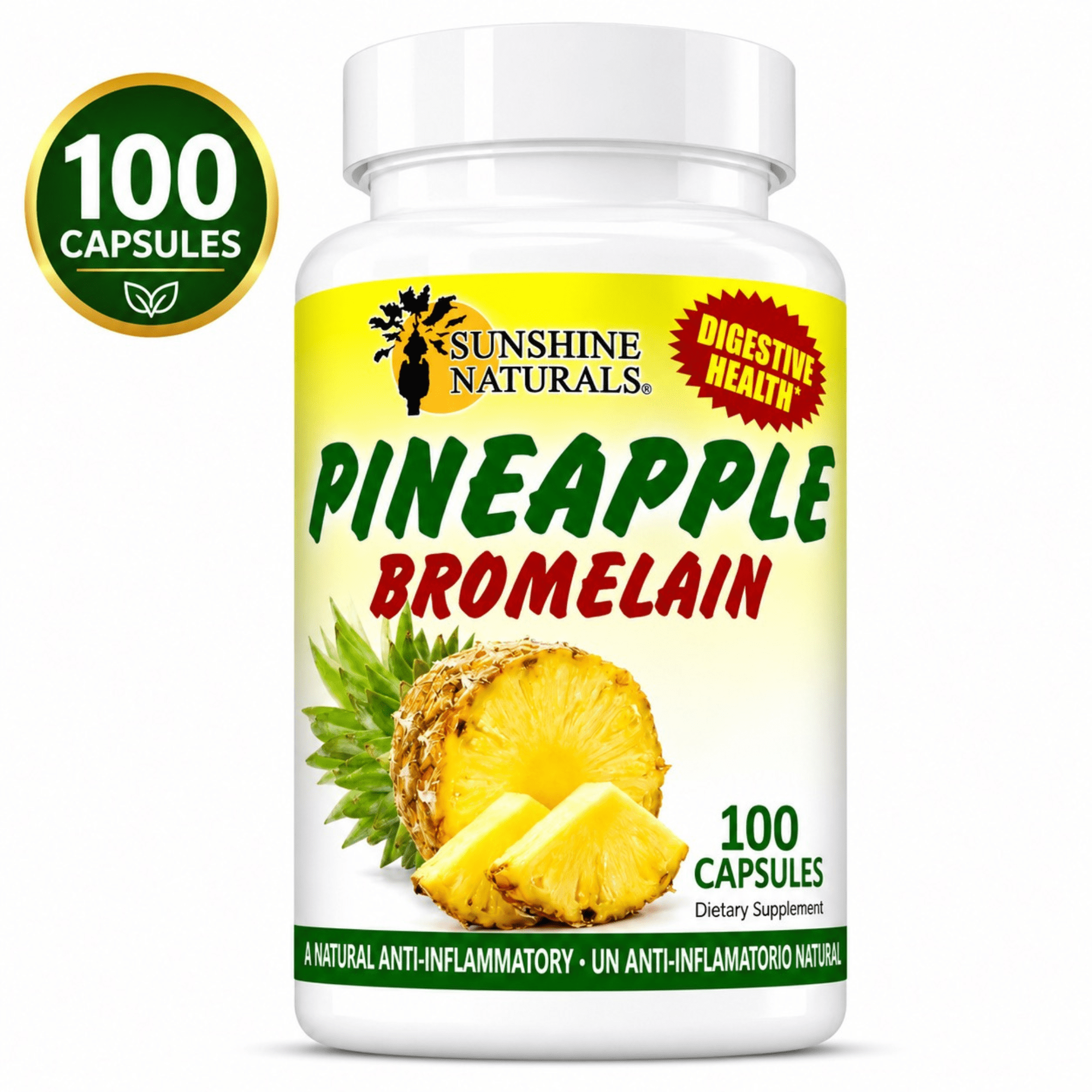 Sunshine Naturals Bromelain 1000mg Digestive Enzyme Supplement, Pineapple Enzyme, 100 Capsules, 1 Pack