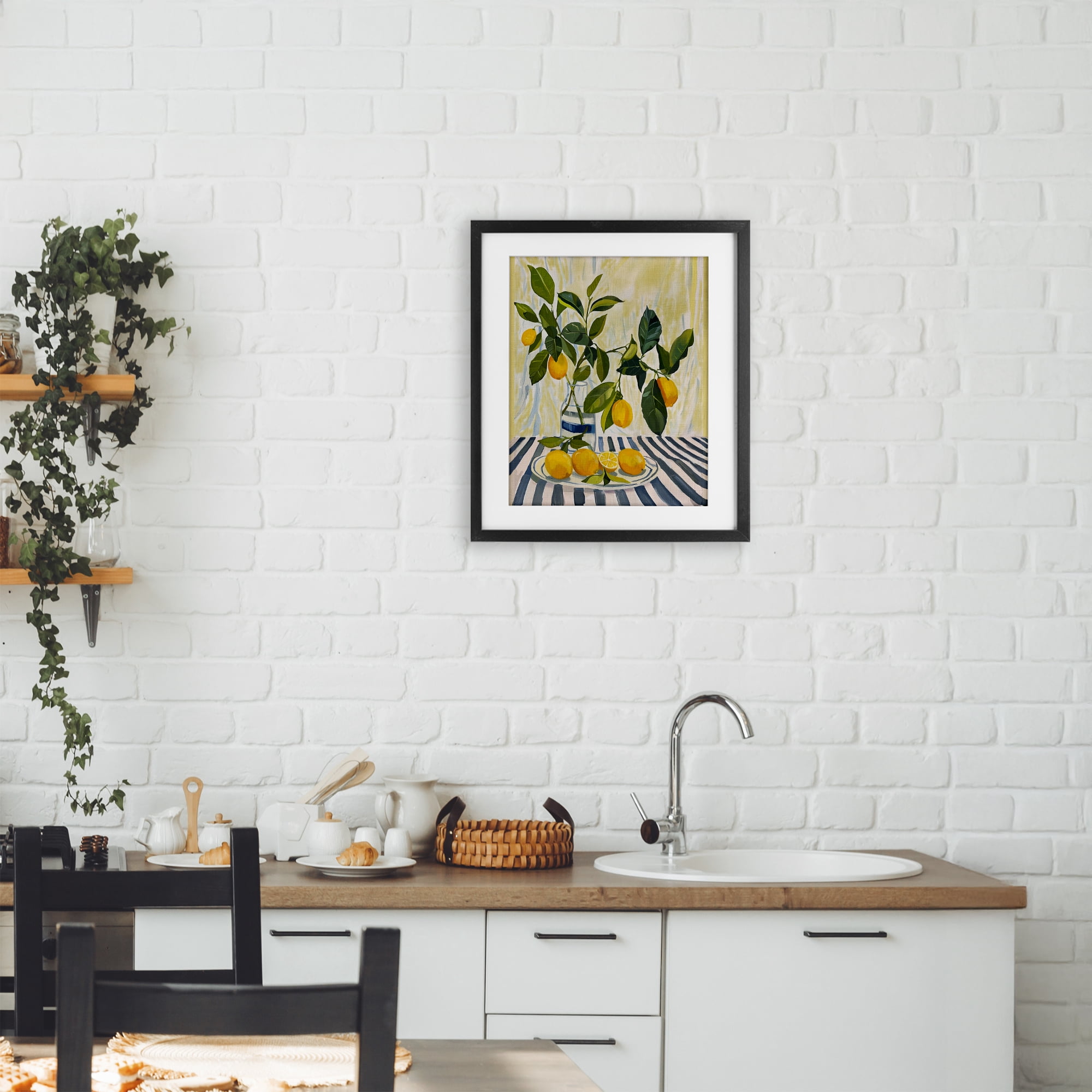 Stupell Industries Lemons on Striped Tablecloth Black Framed Print Under Glass, design by Yen