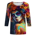 thumbnail image 5 of Xdegoge Womens 3/4 Sleeve Tops Casual Crewneck Day Of The Dead Sugar Skull Print Loose Fit Tees for Halloween Festival Holiday Everyday Wear, 5 of 5