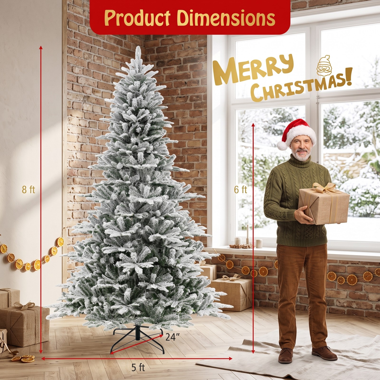 RUIE 8FT Snow Flocked Artificial Christmas Tree, Pre-Lit 800 Cool White LED Lights with Remote, Timer & Hinged Branches, Tall Holiday Tree, Green & White