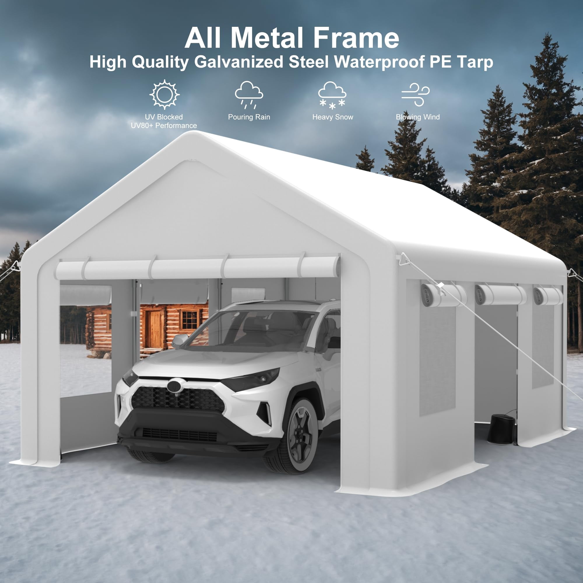 Kicctian Heavy Duty 12x20 FT Carport, Portable Carport Garage, with Removable Walls, 4 Doors & 4 Windows, Waterproof & UV-Resistant, Ideal for Cars, Trucks, Boats, RVs