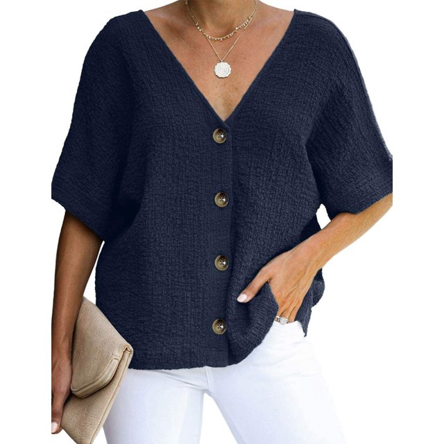 Camisa Sexy Cuello en V de Color Liso de Manga Corta con Botones Casual para Mujer A-Azul CH A-Azul CH Xishao ropa
