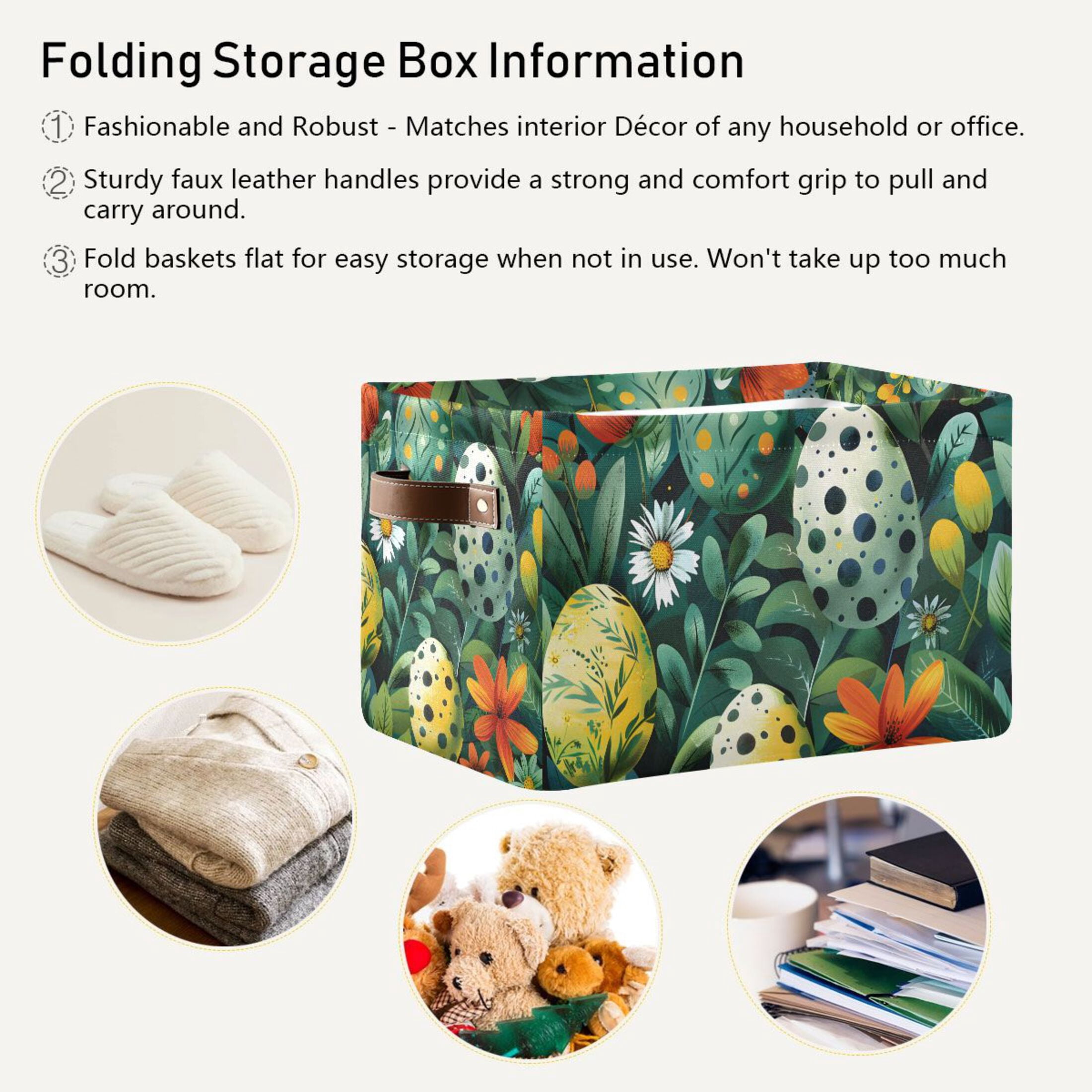 Ryvnso Easter Eggs in Floral Storage Basket Large Bin Foldable Boxes Toys Organizer 14.2x10.2x8.3in 2 PCs
