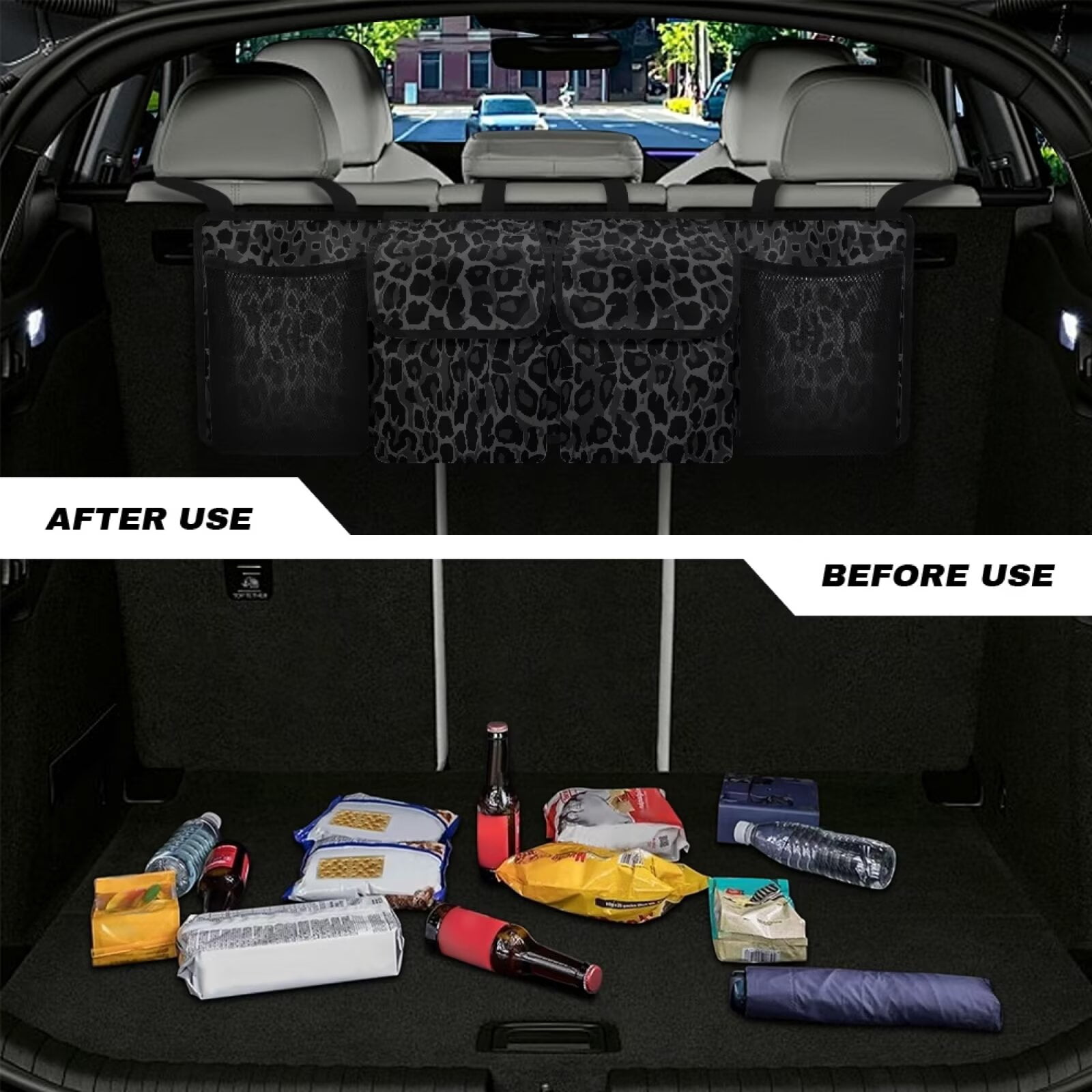 KUIFORTI Car Trunk Organizer Small SUV Trunk Organizers and Storage, Balck Leopard Print Car Organization Women Stylish Car Accessories with 4 Pockets, Leave Room for Buying and Shopping
