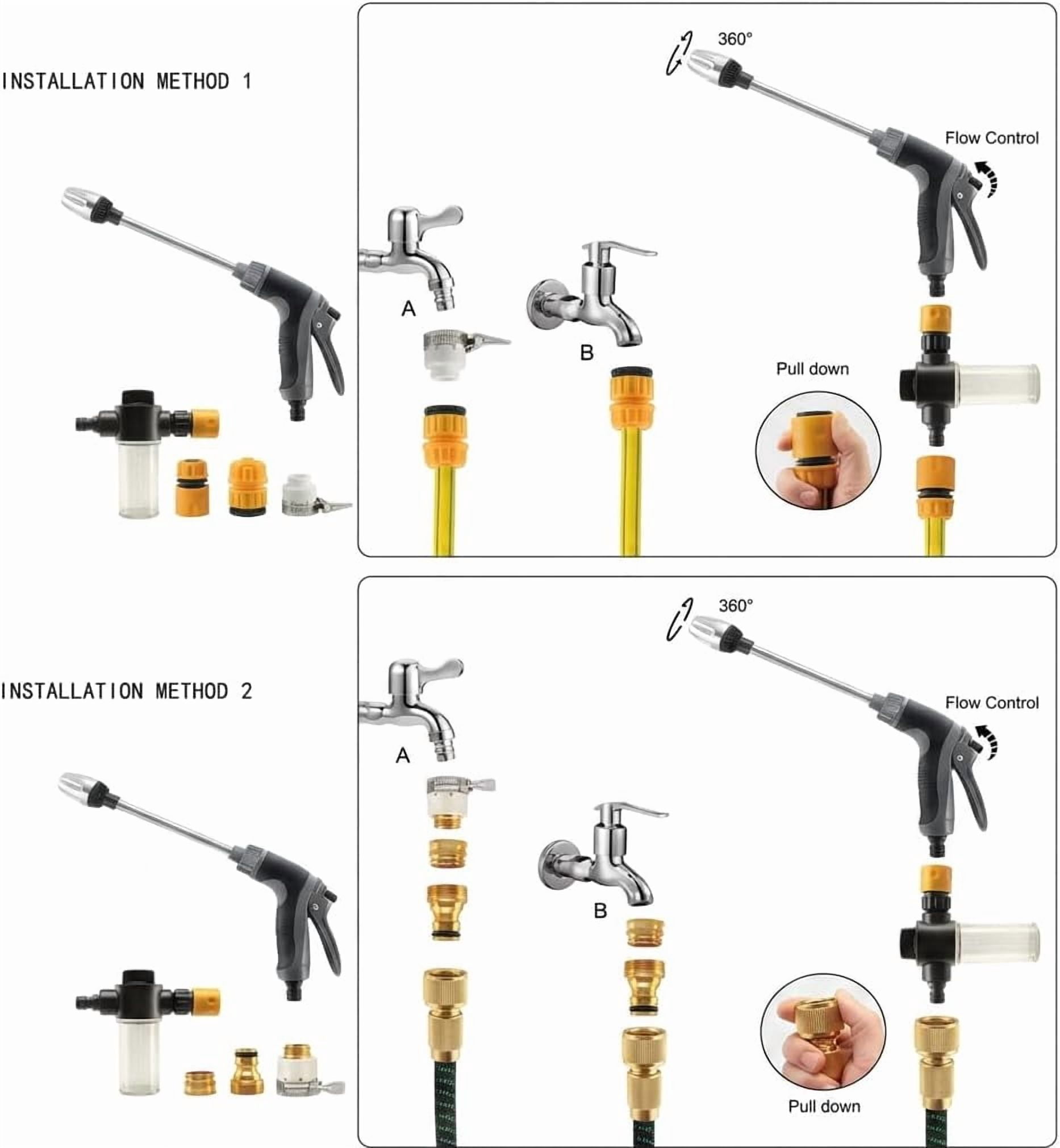 Aquoxis Pressure Washer, Handheld Power Washer with 360° Rotating Nozzle, 3 Spray Modes, Stainless Steel Universal Hose Fit, Tool-Free Installation (1 Set) (Black)