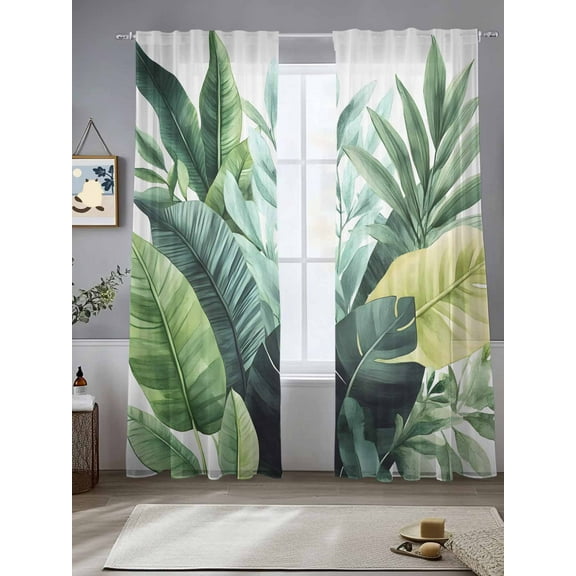 Tropical Plants Sheer Curtains for Living Room Bedroom Country Summer Green Palm Leaves Sheer Curtains 108 Inch Long 2 Panels Set Light Filtering Curtain Window Treatments Drapes for Dining Room