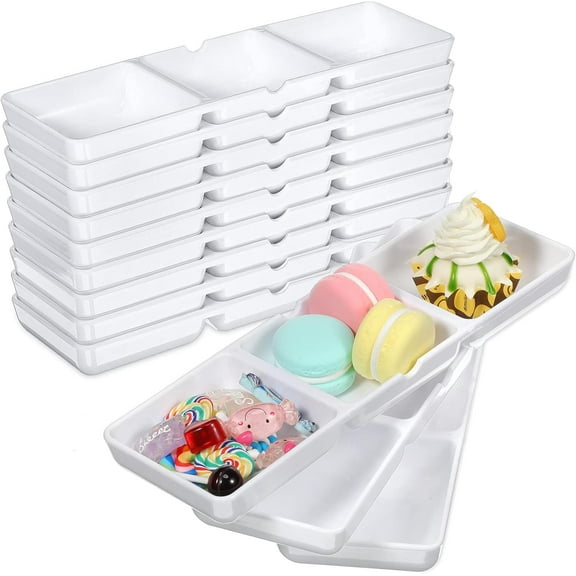 LUU-12 Pcs Small White Plastic Appetizer Serving Tray 3 Compartment Serving Dishes Reusable Stackable Sectional Platter Rectangular Divided Split Dish for Restaurant Kitchen Food Candy_SAI