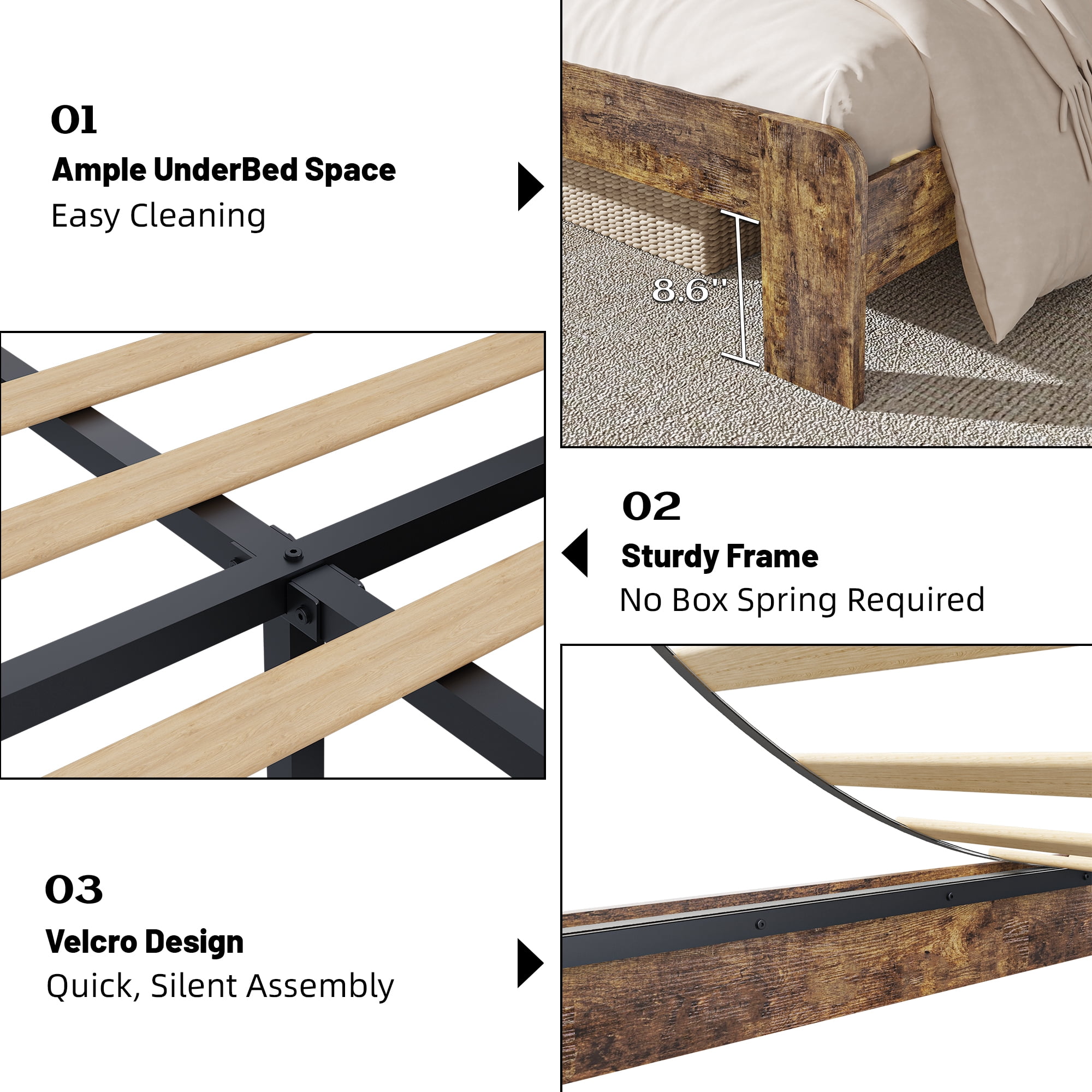 Wooden Queen Size Bed Frame with Storage Headboard, Rustic Farmhouse Platform Bed with Charging Station and LED Lights, No Box Spring Needed, Noise-Free, Easy Assembly, Brown