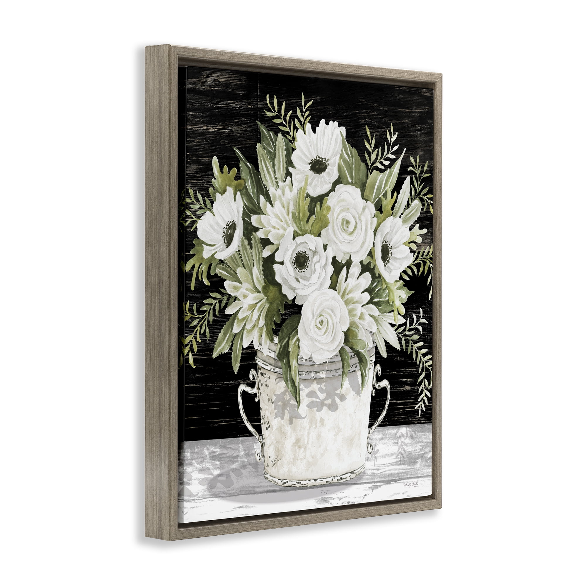 Stupell Industries White Flowers Country Tin Plants & Flowers Painting Brown Floater Framed Canvas Art Print Wall Art, 17 x 21