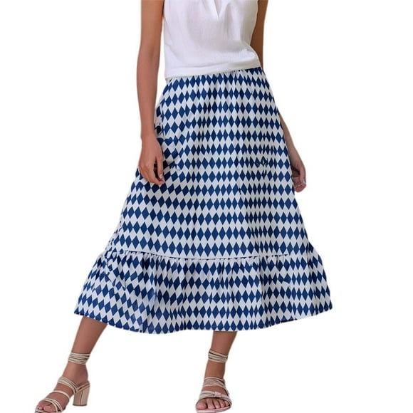 LUOGENLI Skirt Bohemian Print High Waist Elastic Maxi Skirt for Women Summer Beach Casual Pleated Long Skirt Pleated Skirts for Women Knee Length Maxi Skirt with Shorts Blue S