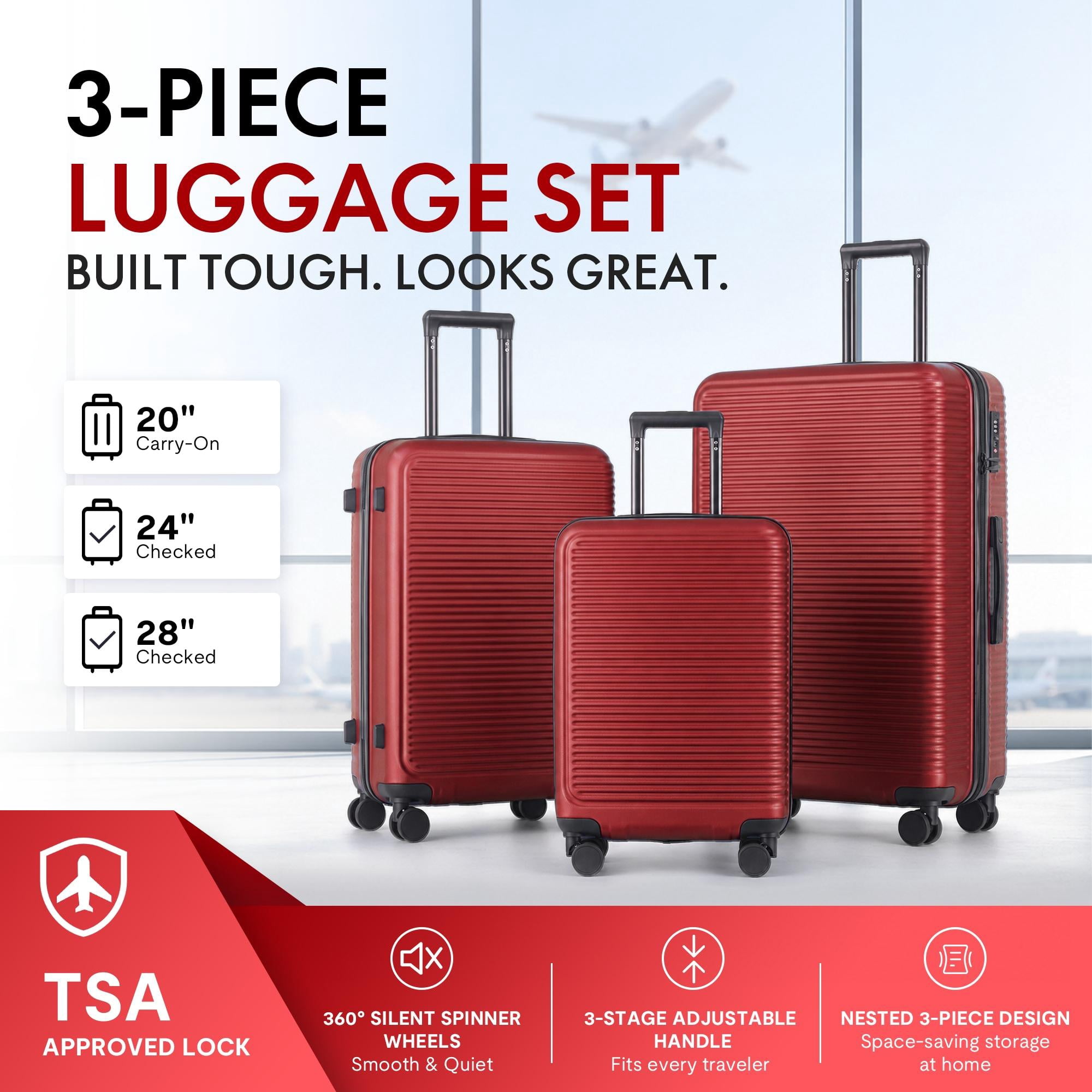 3-Piece ABS Hardshell Luggage Set, Lightweight Scratch-Resistant Suitcases with Silent Spinner Wheels & TSA Lock, Wine Red