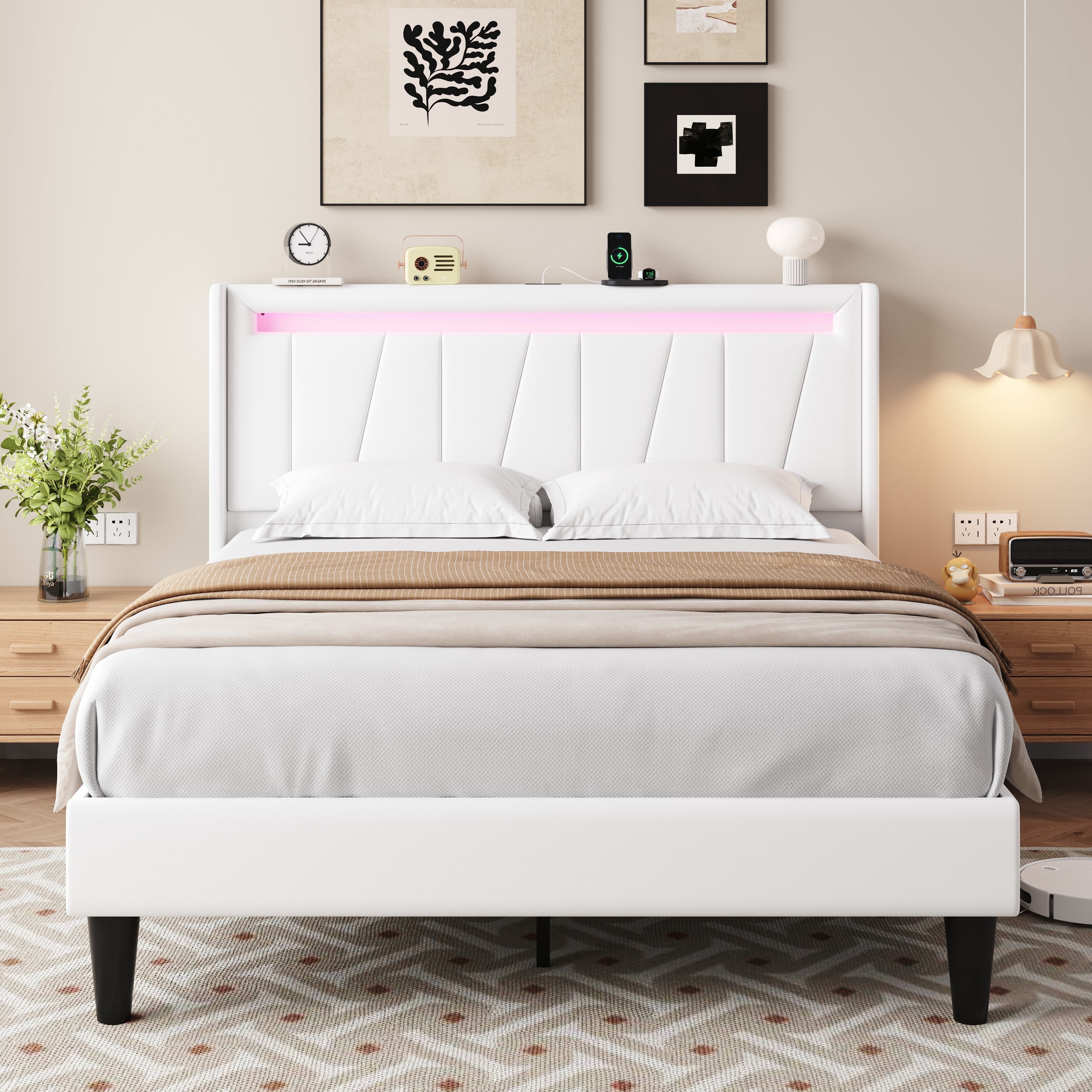 Amolife Full Size Bed Frame with Charging Station & LED Light, Velvet Upholstered Platform Bed with Geometric Wingback Headboard, White