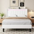 thumbnail image 3 of Amolife Queen Size Bed Frame with Charging Station & LED Light, Velvet Upholstered Platform Bed with Geometric Wingback Headboard, White, 3 of 12